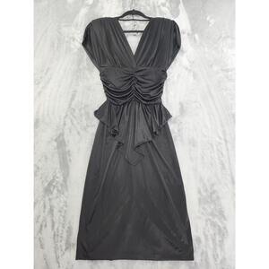 Vintage 80s Steppin Out V-Neck Draped Peplum Party Dress Size 11 Black Midi